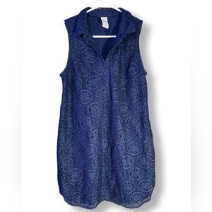 Faded Glory Navy Blue Lace Sleeveless Collared Knee Length Dress, Size L